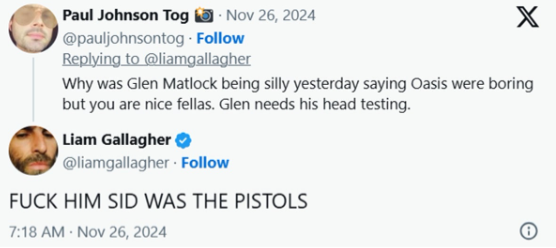 Liam Gallagher de Oasis responde a las críticas de Glen Matlock sobre la banda